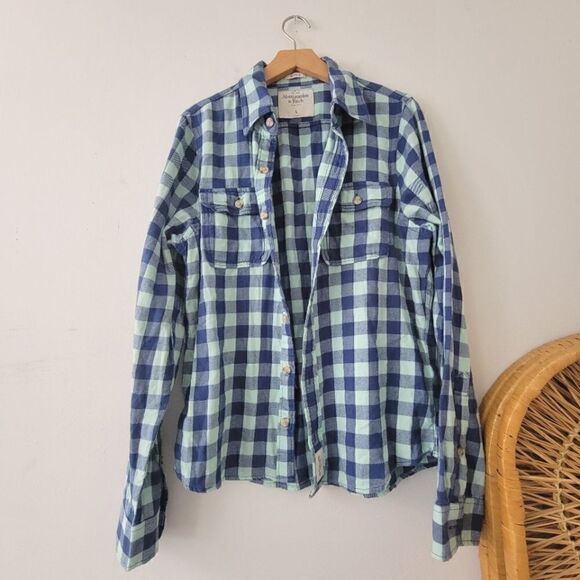 Abercrombie & Fitch Blue Gingham Muscle Button Down Flannel Shirt L - Picture 1 of 9